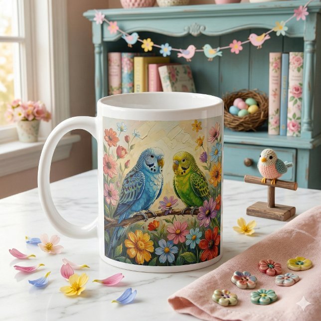 Caneca De Café Pretty  Blue and Green Parakeets Personalized (Criador carregado)