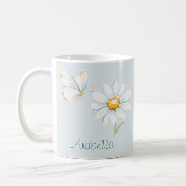 Caneca De Café Pretty Pastel Watercolor Butterfly and Daisy (Esquerda)