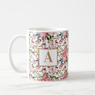 Caneca De Café Primavera de Aquarela Floral Monograma Café M