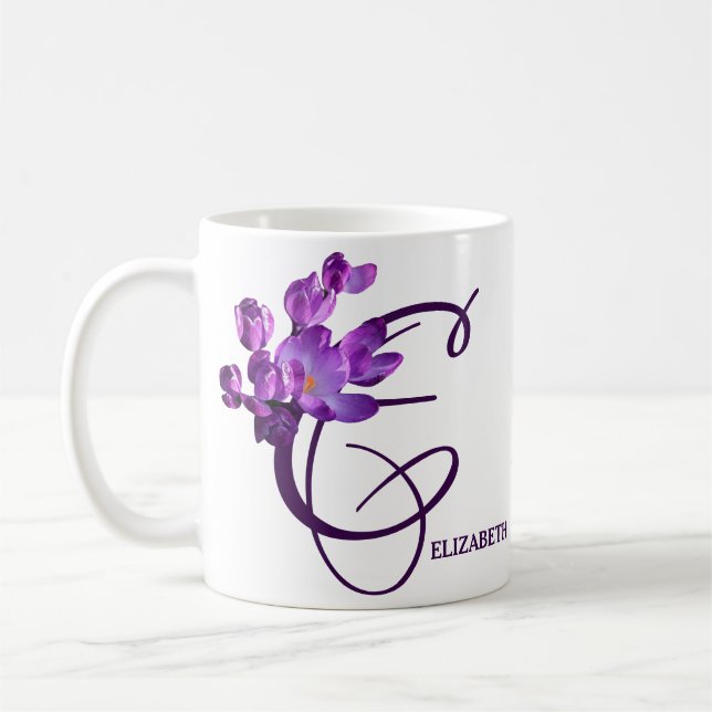 Caneca De Café Primavera floral roxo Nome Elizabeth monograma fof (Esquerda)