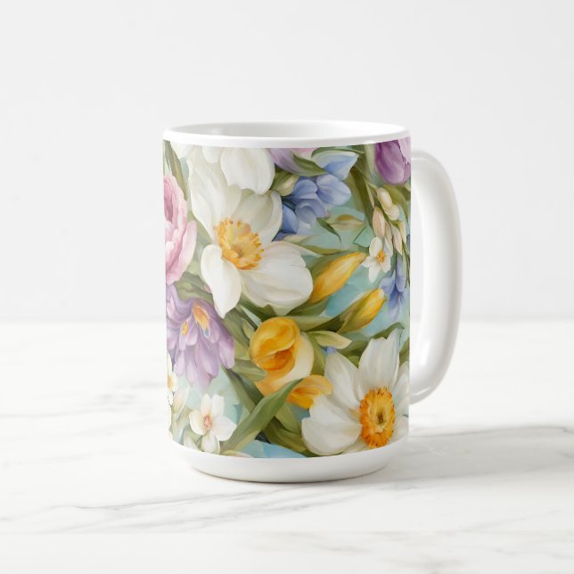 Caneca De Café Primavera. Narciso, Hyacintos, Tulipas, Ovos de Pá (Frente Esquerda)