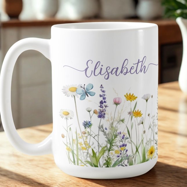 Caneca De Café Primavera Summer Wildflower Script Name Mug (Criador carregado)
