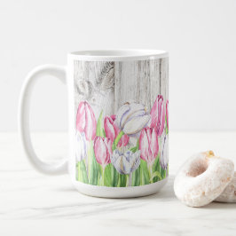 Caneca De Café Primavera Tulipas Flores na Madeira