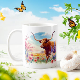 Caneca De Café Primavera Watercolor Texas Longhorn