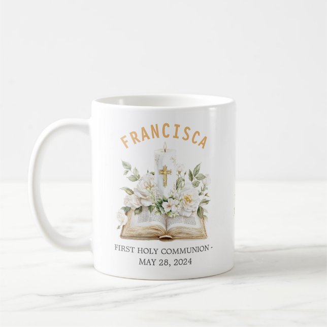 Caneca De Café Primeira Comunhão Floral Bíblia Religiosa (Esquerda)