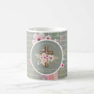 Caneca De Café Primeira Comunhão Floral Cross Girls Sage Pink