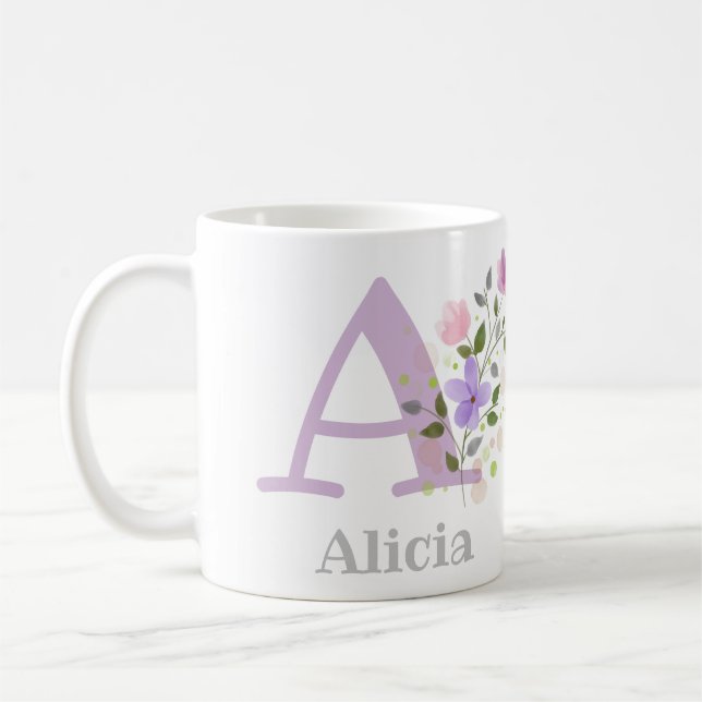 Caneca De Café Primeira Inicial Mais Nome Abigail com Flores (Esquerda)