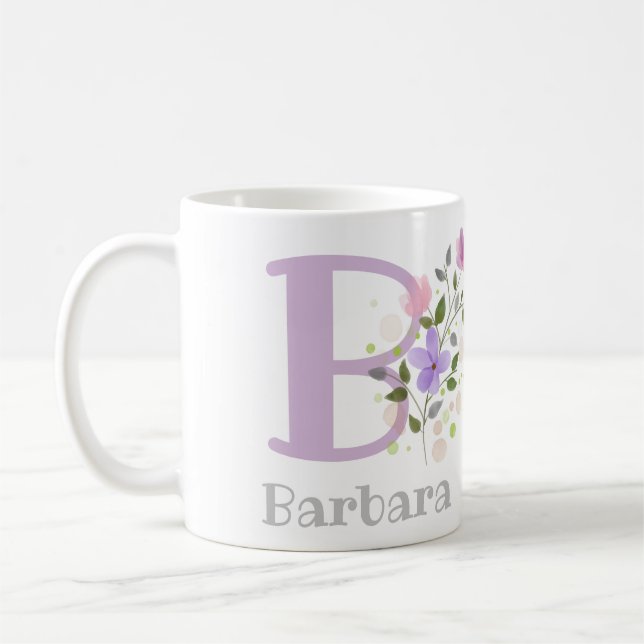 Caneca De Café Primeira Inicial Mais Nome Bárbara com Flores (Esquerda)