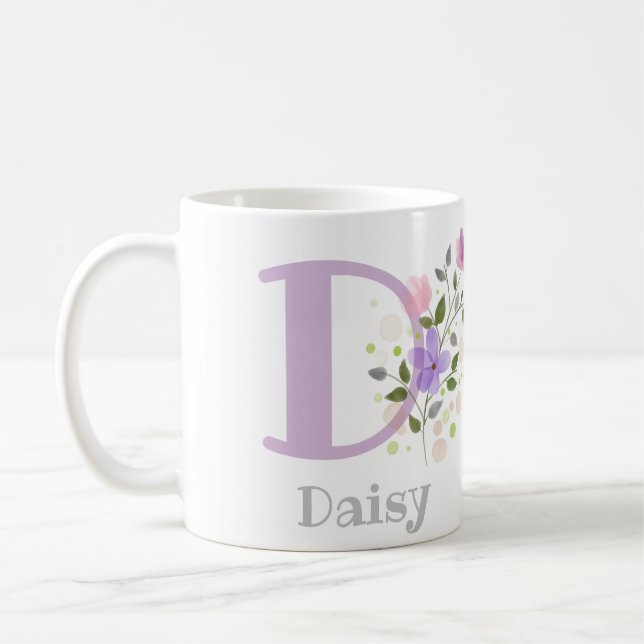 Caneca De Café Primeira Inicial Mais Nome Daisy com Flores (Esquerda)