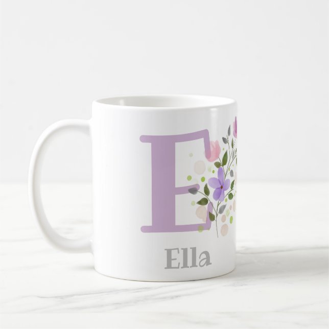 Caneca De Café Primeira Inicial Mais Nome Ella com Flores (Esquerda)