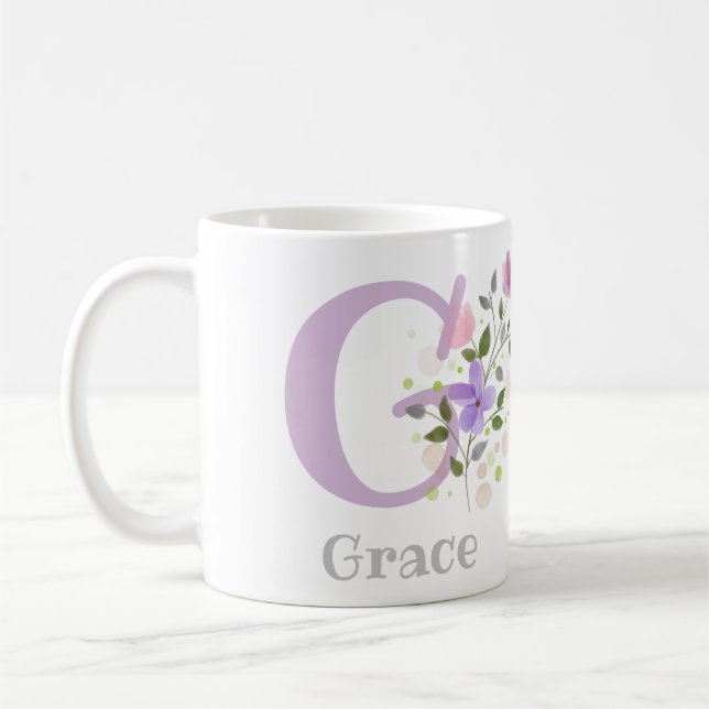 Caneca De Café Primeira Inicial Mais Nome Graça com Flores (Esquerda)