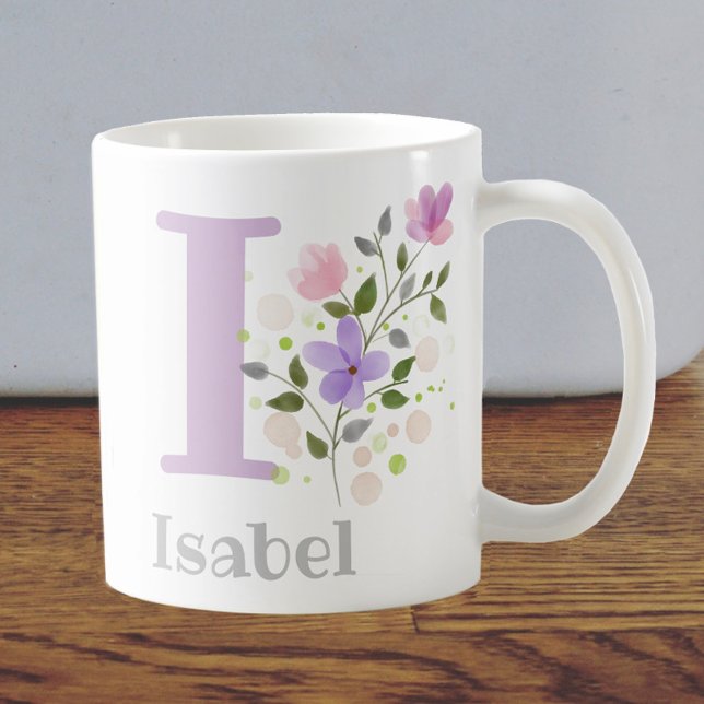 Caneca De Café Primeira Inicial Mais Nome Isabel com Flores (Criador carregado)