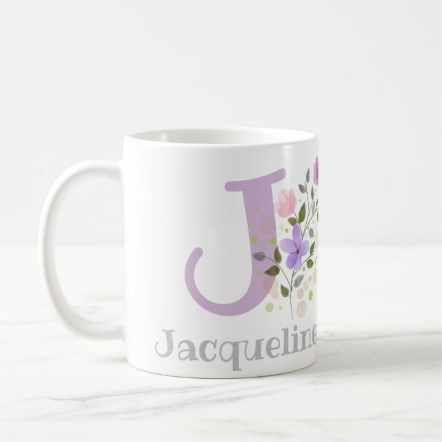Caneca De Café Primeira Inicial Mais Nome Jacqueline com Flores (Esquerda)