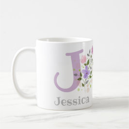 Caneca De Café Primeira Inicial Mais Nome Jessica com Flores