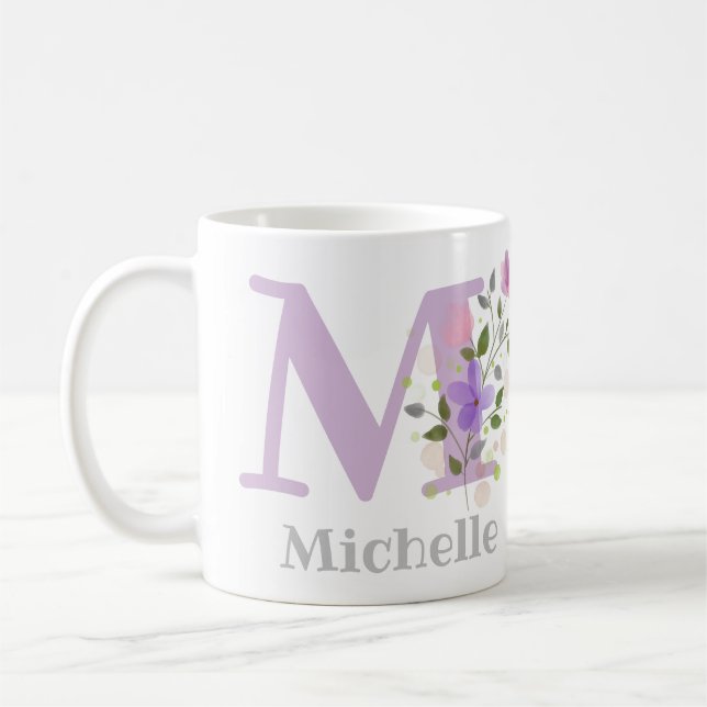 Caneca De Café Primeira inicial mais primeiro nome com flores (Esquerda)