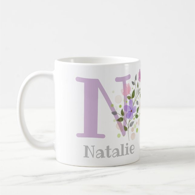Caneca De Café Primeira inicial mais primeiro nome com flores (Esquerda)