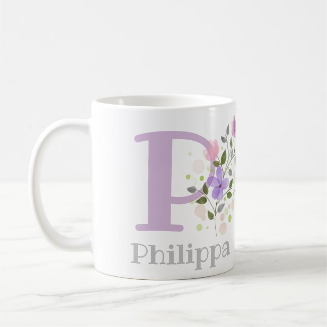 Caneca De Café Primeira Inicial Mais Primeiro Nome com Flores (Esquerda)