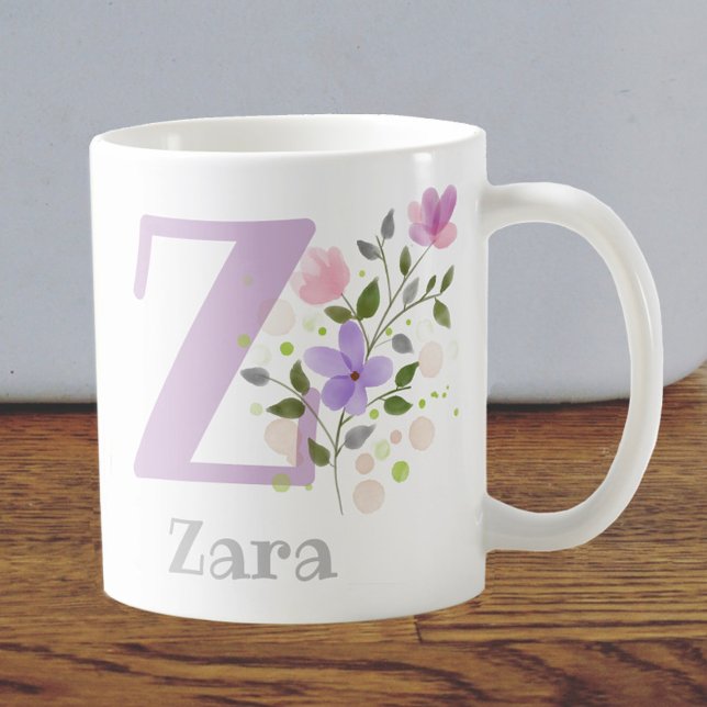 Caneca De Café Primeira Inicial Mais Primeiro Nome com Flores (Criador carregado)