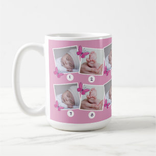 Caneca De Café Primeiro Ano Bebê Foto Colagem de Borboletas Rosa