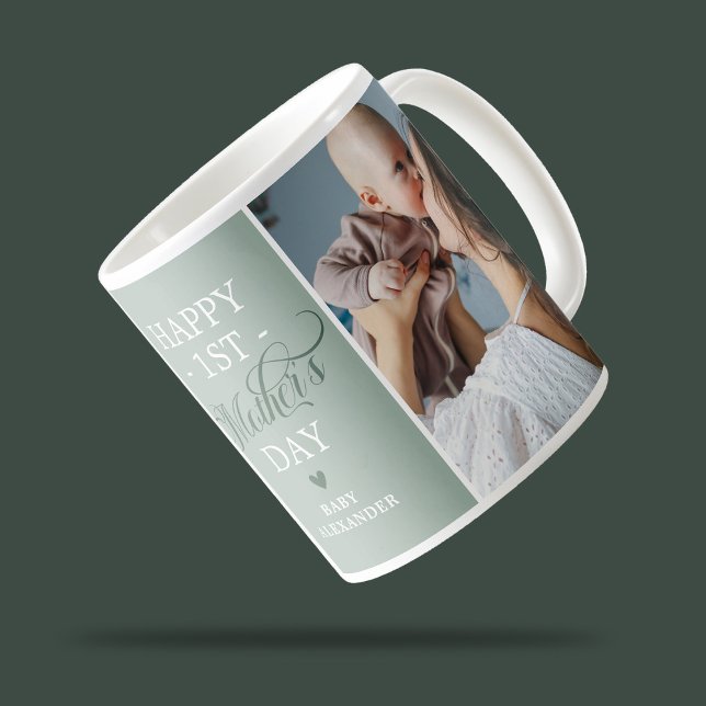 Caneca De Café Primeiro Dia das Mães 2 Foto Verde (Criador carregado)