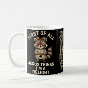 Caneca De Café Primeiro Jesus Acha Um Design De Guaxinim Encantad