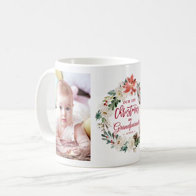 Caneca De Café Primeiro Natal Avós Floral Wreath Foto (Frente Esquerda)