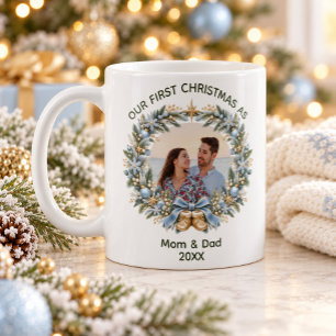 Caneca De Café Primeiro Natal como Mamãe e Papai Azul Dourado Flo