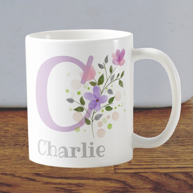Caneca De Café Primeiro Nome de Plus Inicial Charlie com Flores (Criador carregado)