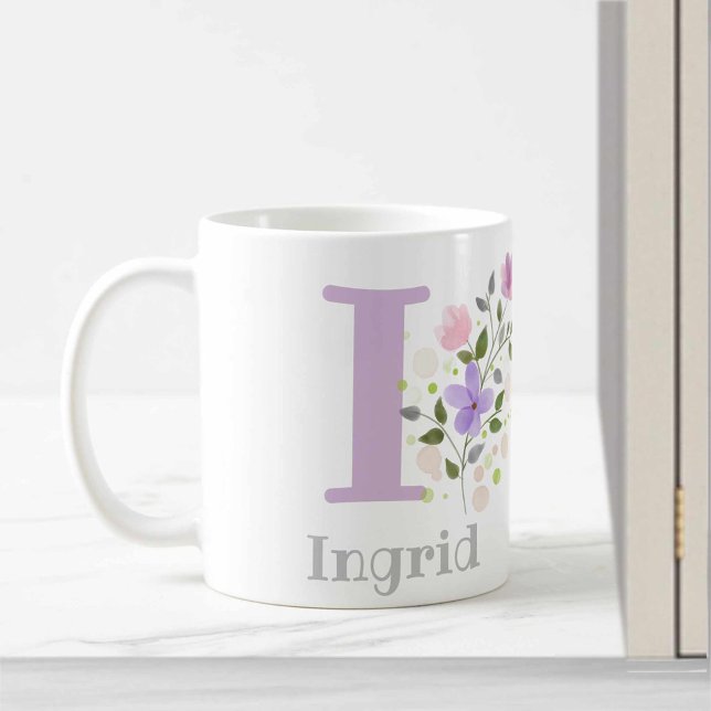 Caneca De Café Primeiro Nome de Plus Inicial Ingrid com Flores (Criador carregado)