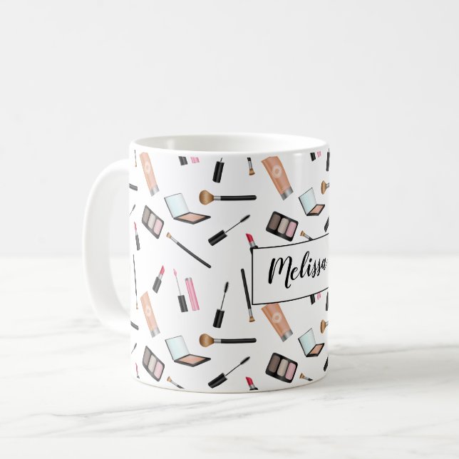 Caneca De Café Produtos de Maquiagem com Nome Personalizado (Frente Esquerda)