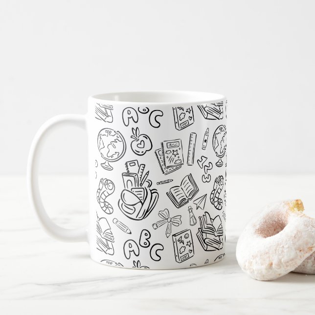 Caneca De Café Professor Agradecimento Escola Doodle Preto e Bran (Com Donut)