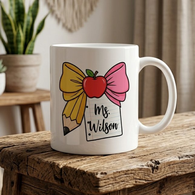 Caneca De Café Professor Arco Lápis Arco Volta às Aulas Personali (Teacher Bow Mug, Teacher Appreciation Mug, Back to School Teacher Mug, Teacher Graduation Mug)
