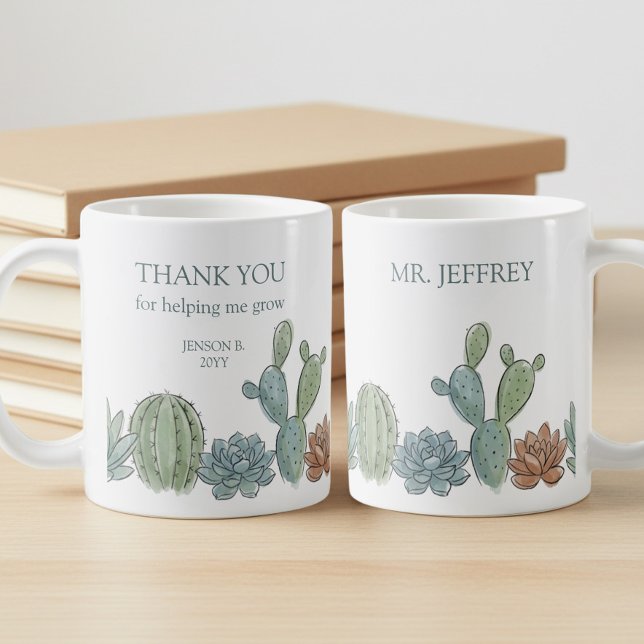 Caneca De Café Professor de Suculenta de Aquarela Me Ajuda a Cres (Personalized mug with succulents and "thank you for helping me grow" message by Darling & May)