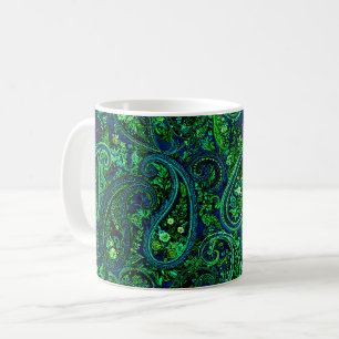 Caneca De Café Profusão Paisley Vibrante Floral Azul Verde  