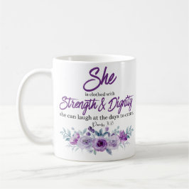 Caneca De Café Provérbios 31:25 Força e Dignidade da Flor Roxo