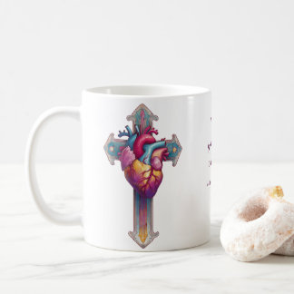 Caneca De Café Provérbios 3:5-6 Coração Anatômico e Cruz Cristã
