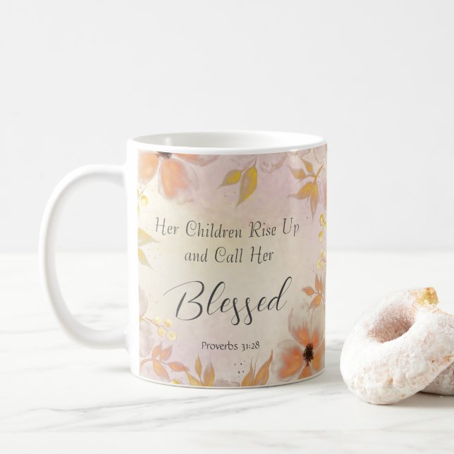 Caneca De Café Proverbs 31:28 Floral Cor Dourada Laranja (Com Donut)
