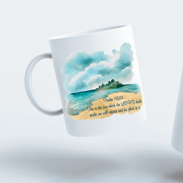 Caneca De Café Psalm 118 Day to Rejoice Cloudy Beach Scene (Psalm 118 Day to Rejoice Cloudy Beach Scene Coffee Mug)