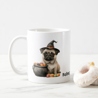 Caneca De Café Pug Bruxa Personalizada de Halloween Cachorro   