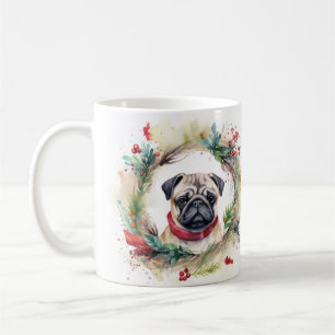 Caneca De Café Pug Christmas Wreath Festivo Pup