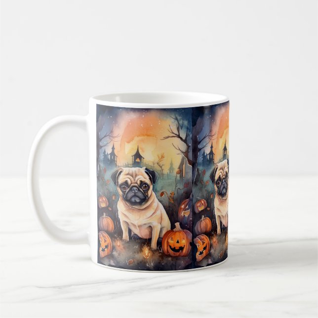 Caneca De Café Pug de Halloween com Abóboras Assustador (Esquerda)