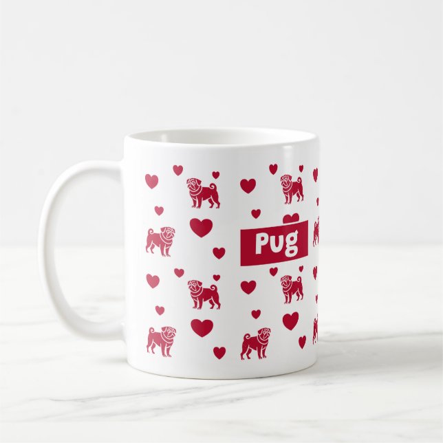 Caneca De Café Pug Mug Com Corações Vermelhos (Esquerda)