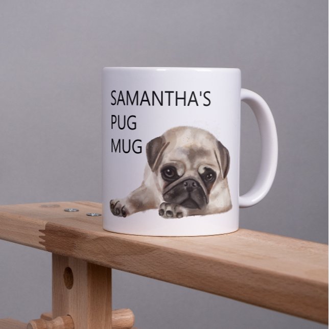 Caneca De Café Pug Mug Monograma Nome Watercolor dog (Criador carregado)