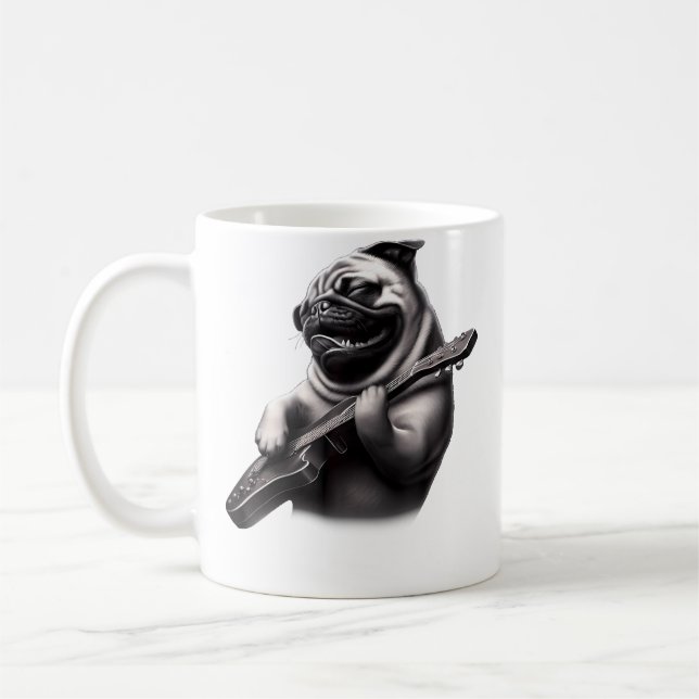 Caneca De Café Pug Tocando Violão - Música de Rock Divertida Pug  (Esquerda)