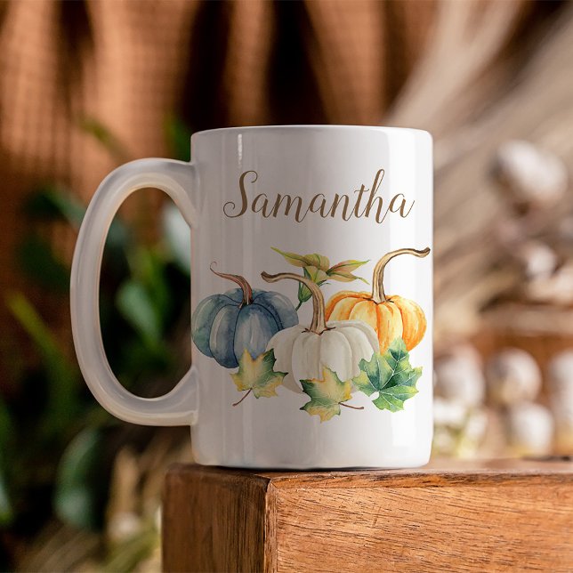 Caneca De Café Pumpkin Laranja Branco Azul (Beautiful watercolor pumpkins in shades of blue, orange, and white are featured on this seasonal mug)