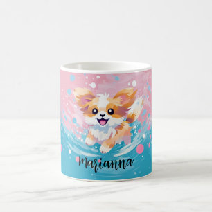 Caneca De Café Pup de Papillon Reproduzido: Lixo de Rosa e Azul