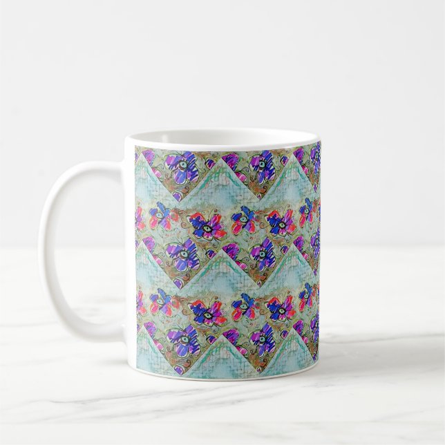 Caneca De Café Purple and Blue Flowers Squares Zigzags (Esquerda)