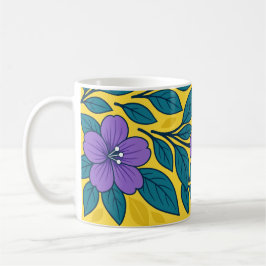Caneca De Café Purple Flowers & Teal Leaves on Yellow Background