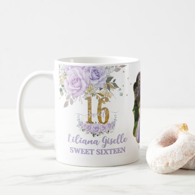 Caneca De Café Purple Lilac Floral Memento Sweet Sixteen 16 Photo (Com Donut)