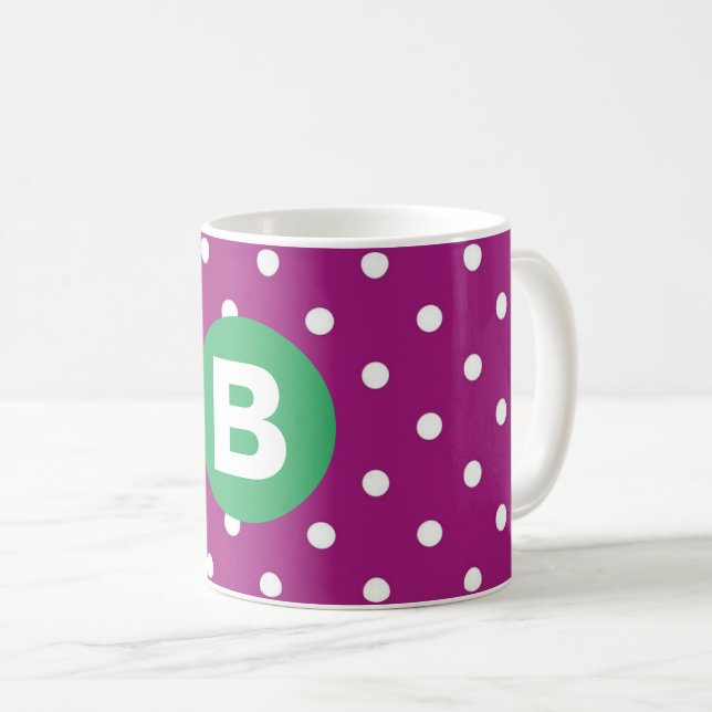 Caneca De Café Purple Polka Dot Pattern Green Monogram (Frente Esquerda)